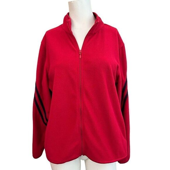Tek Gear Ladies Size Large Red Fleece Full Zip Jacket Navy Blue Stripes - Picture 1 of 4